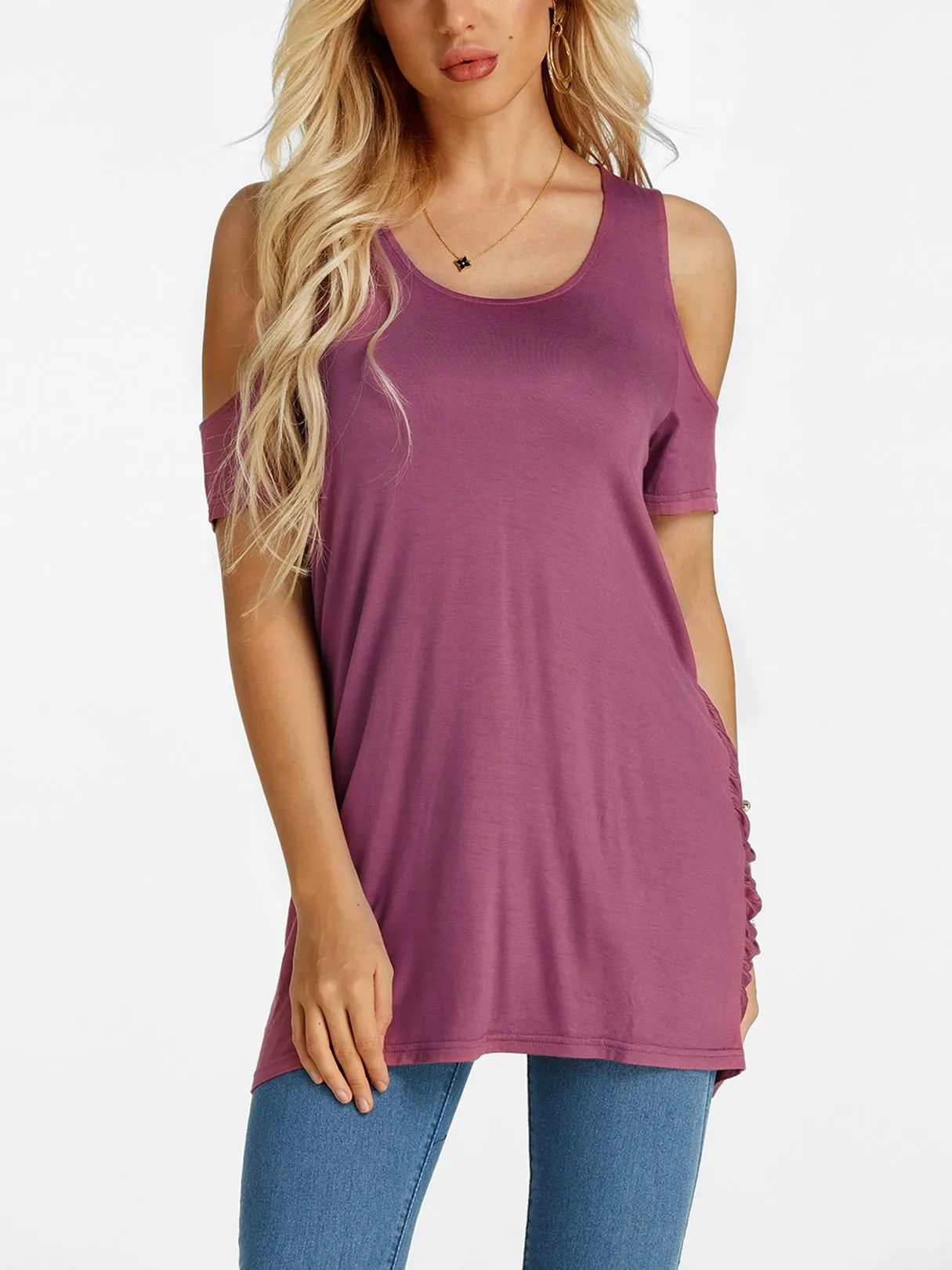 Custom Scoop Neck Cold Shoulder Plain Crossed Front Lace-Up Cut Out Pleated Short Sleeve Slit Hem Purple T-Shirts