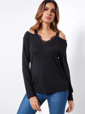 Custom V-Neck Cold Shoulder Plain Lace Long Sleeve Black T-Shirts