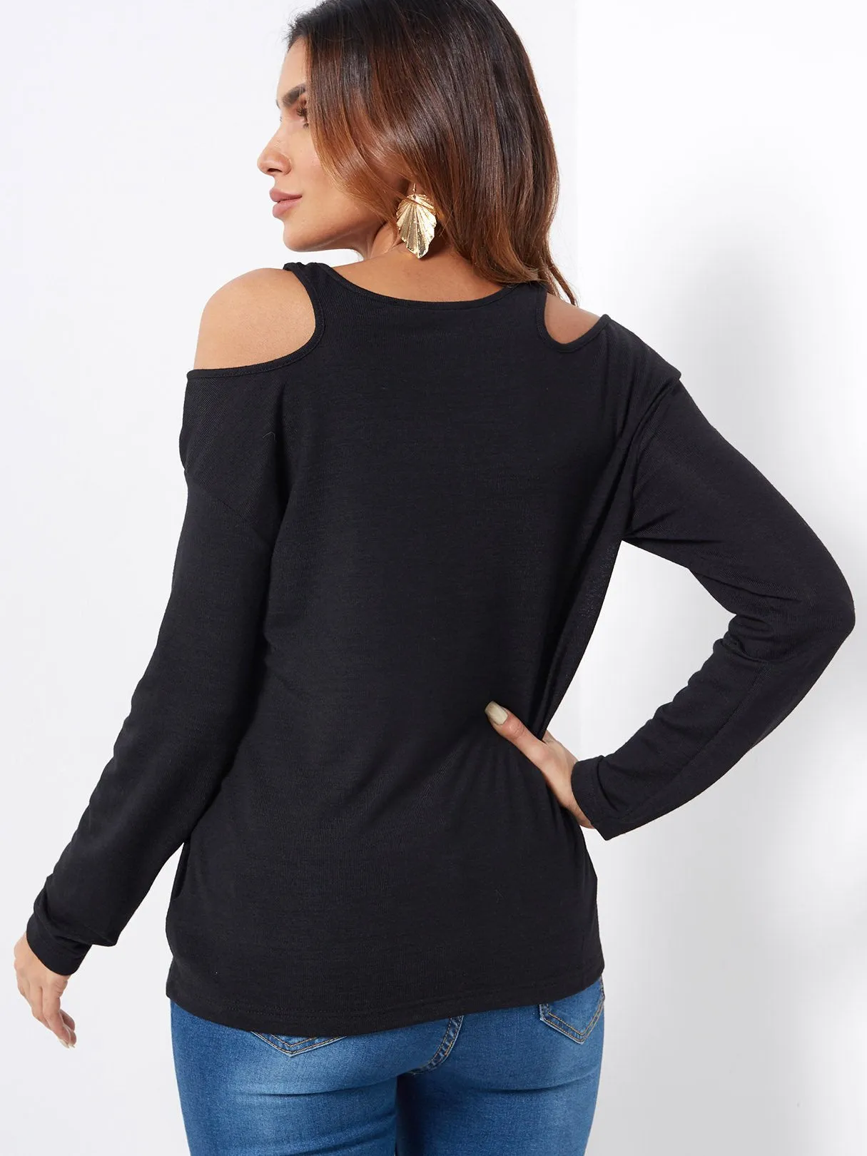 Custom V-Neck Cold Shoulder Plain Lace Long Sleeve Black T-Shirts