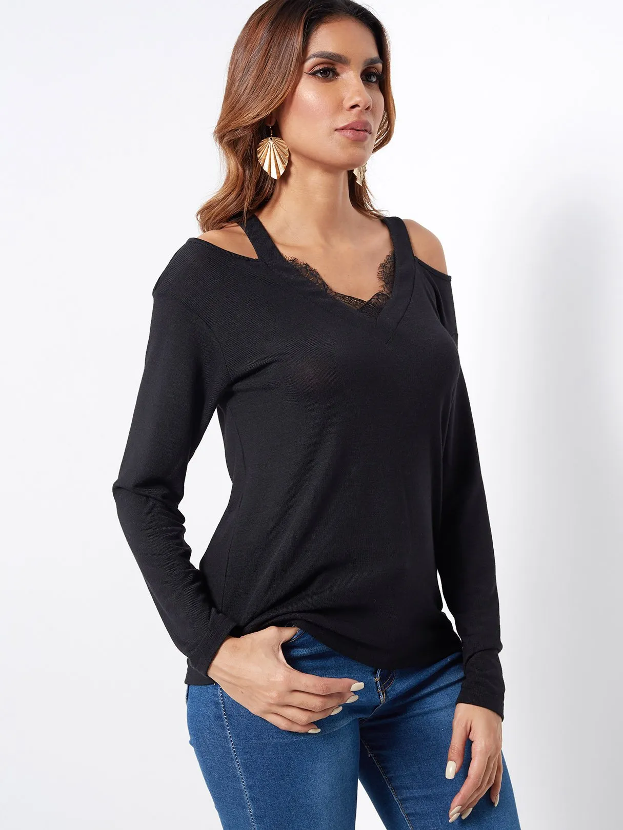 Custom V-Neck Cold Shoulder Plain Lace Long Sleeve Black T-Shirts