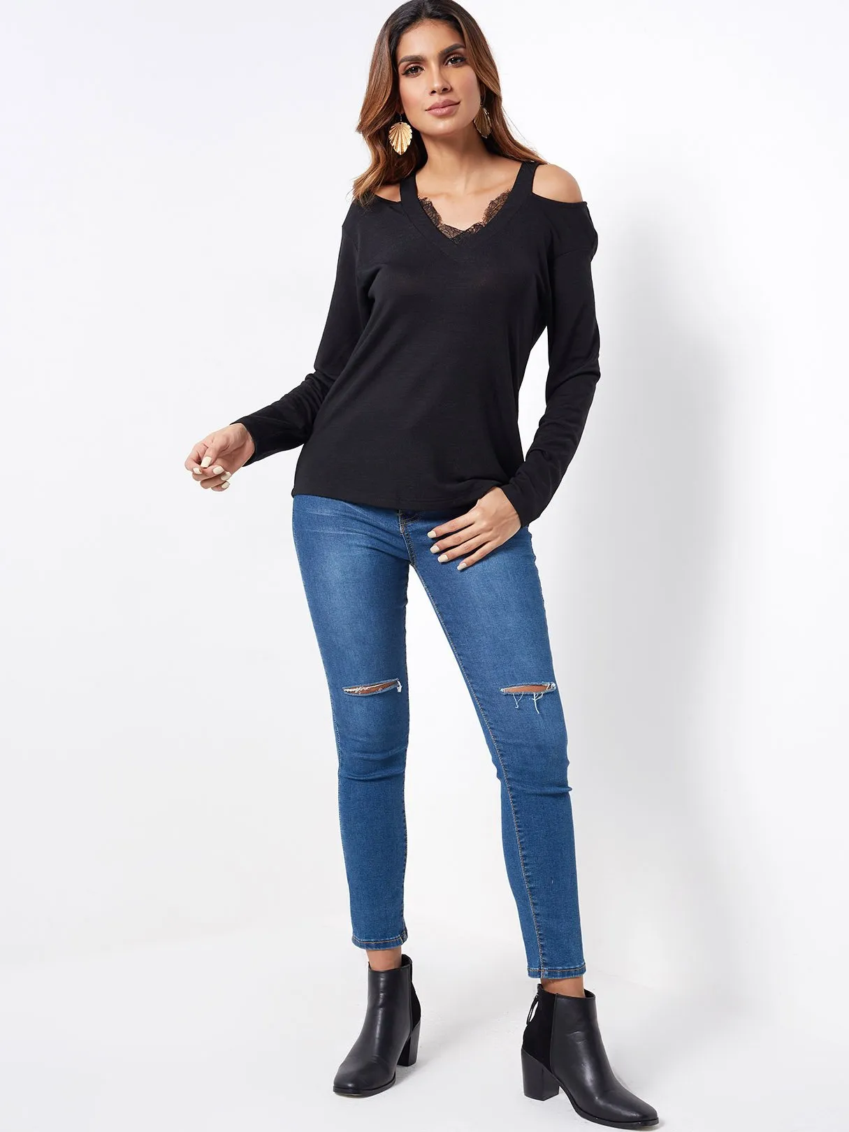 Custom V-Neck Cold Shoulder Plain Lace Long Sleeve Black T-Shirts