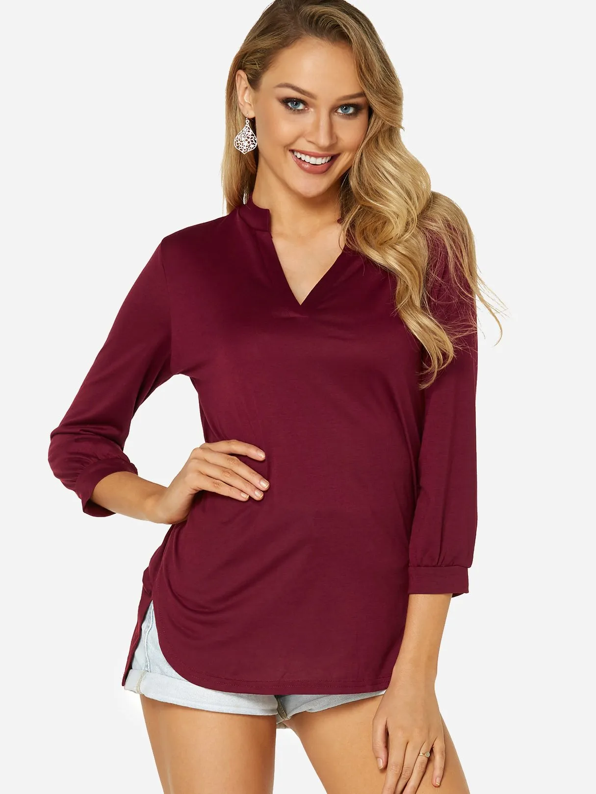 Custom V-Neck Plain 3/4 Sleeve Curved Hem T-Shirts