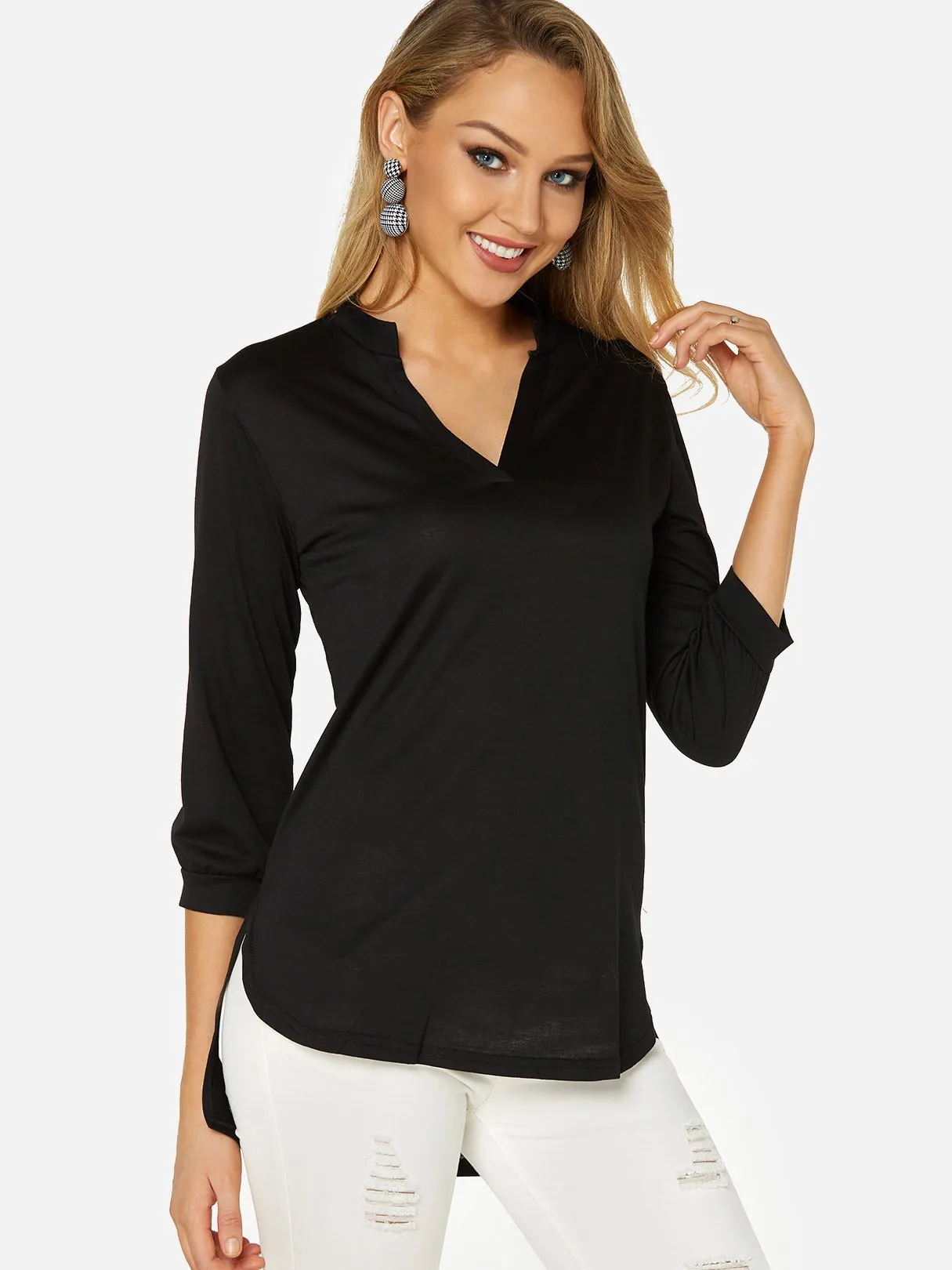 Custom V-Neck Plain 3/4 Sleeve Curved Hem T-Shirts