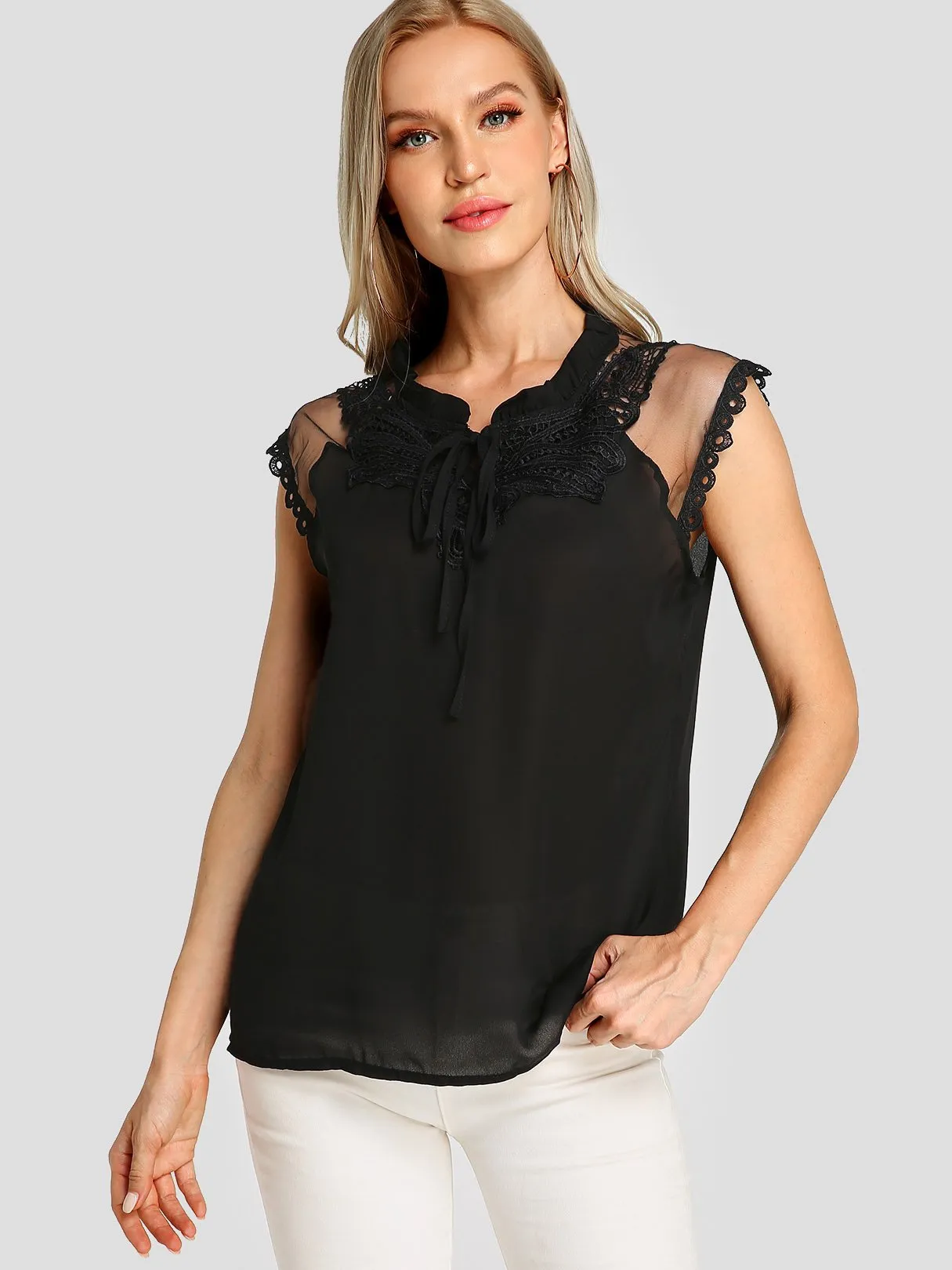 Custom V-Neck Plain Crochet Lace Embellished Self-Tie Sleeveless T-Shirts