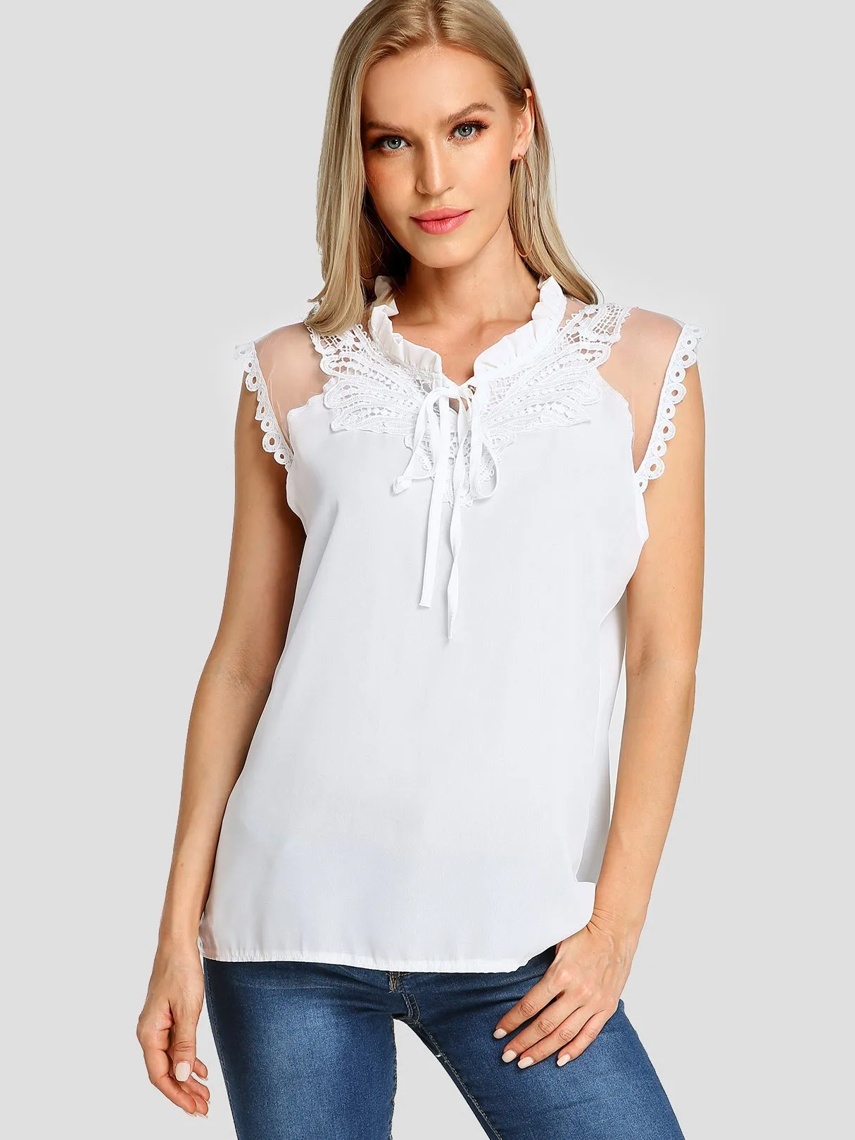 Custom V-Neck Plain Crochet Lace Embellished Self-Tie Sleeveless T-Shirts