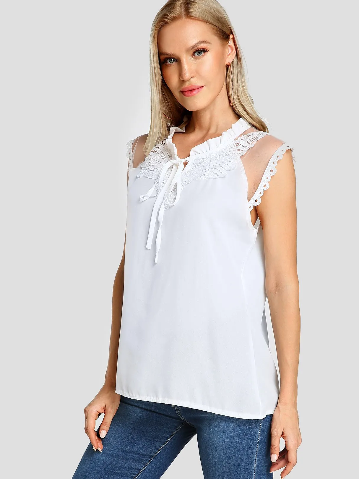 Custom V-Neck Plain Crochet Lace Embellished Self-Tie Sleeveless T-Shirts