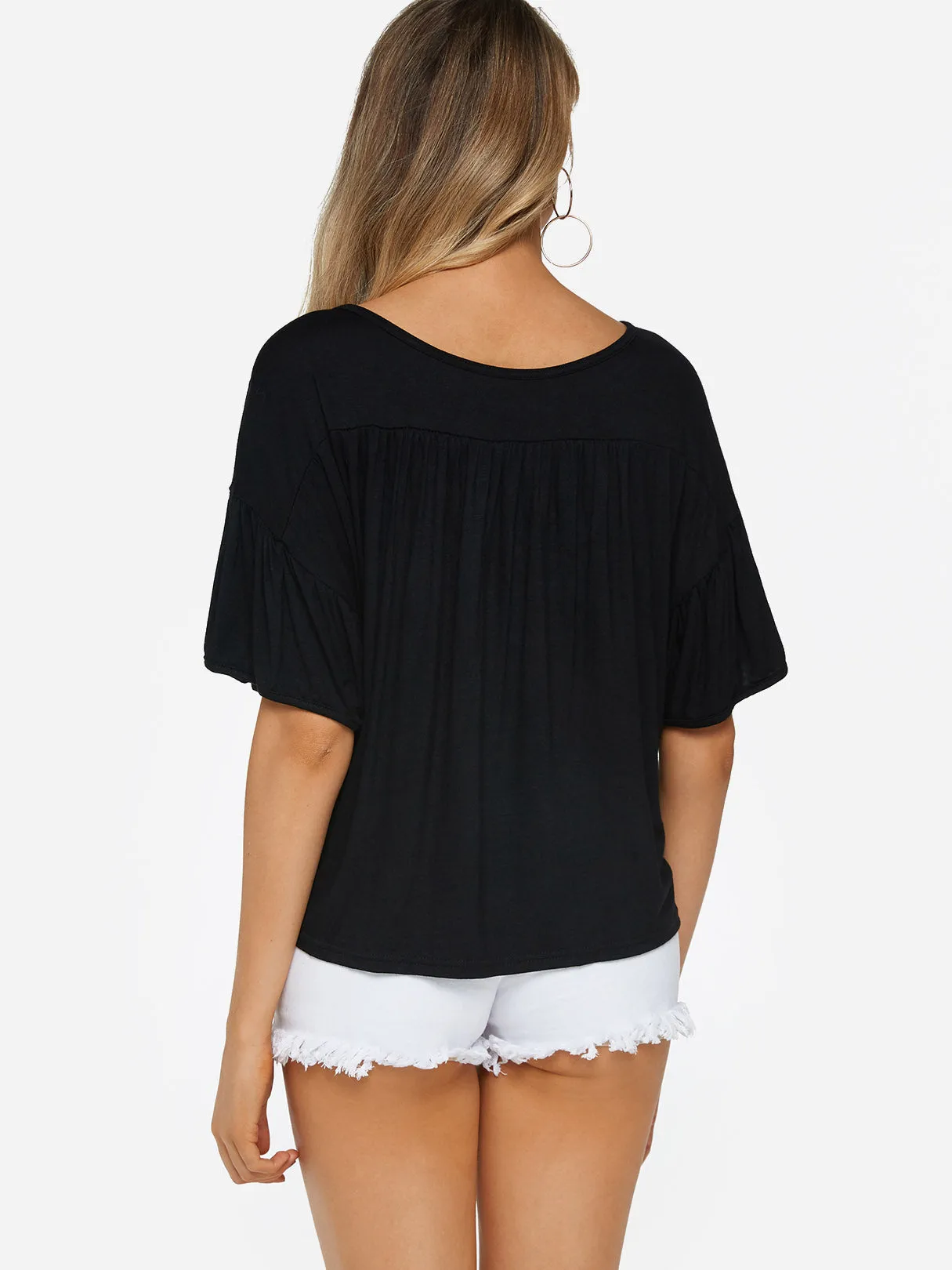 Custom V-Neck Plain Half Sleeve Ruffle Hem Black Top