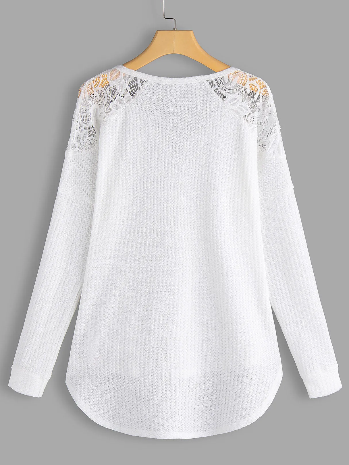 Custom V-Neck Plain Lace Zip Back Hollow Long Sleeve Curved Hem White T-Shirts