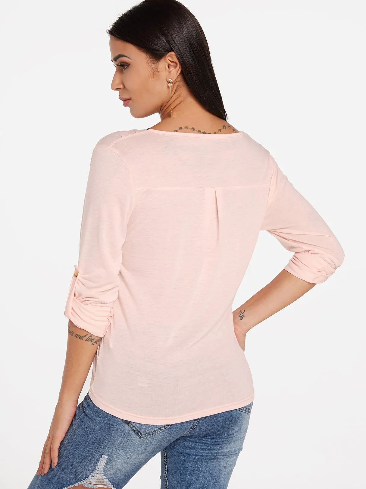 Custom V-Neck Plain Zip Back Long Sleeve T-Shirts