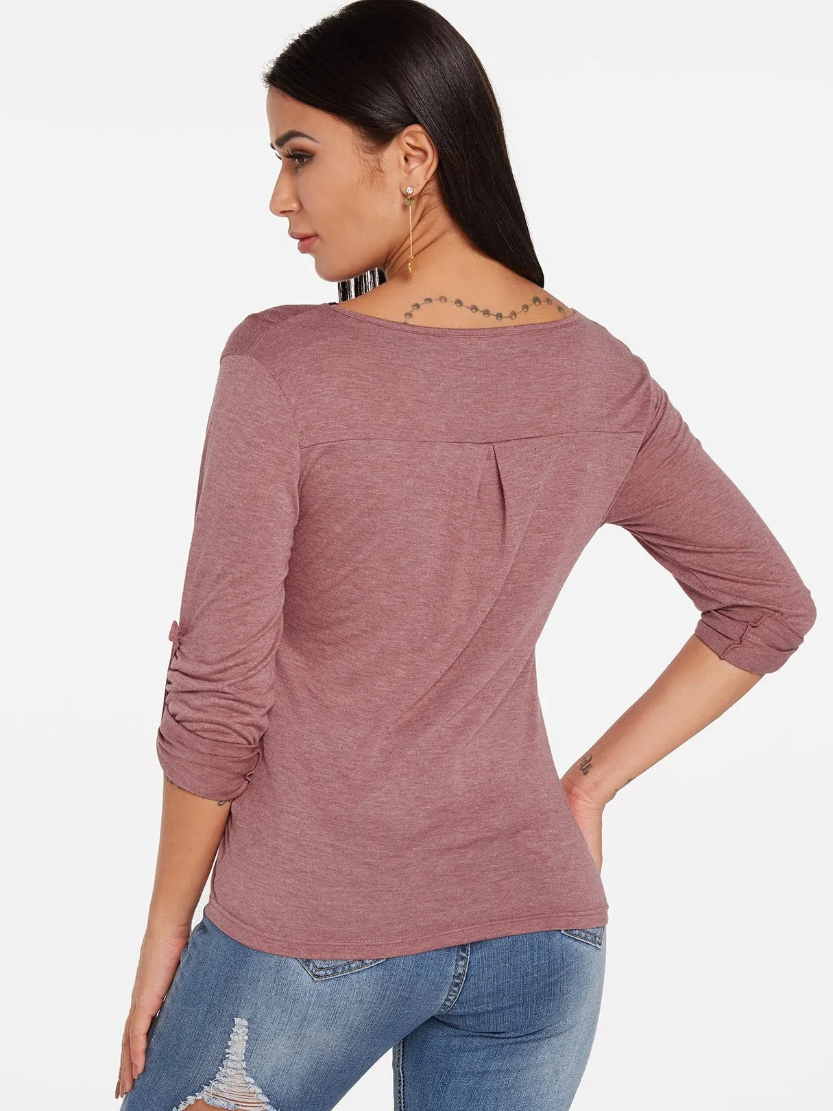 Custom V-Neck Plain Zip Back Long Sleeve T-Shirts