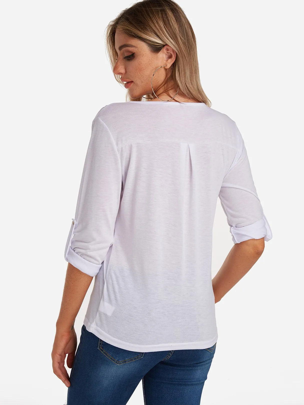 Custom V-Neck Plain Zip Back Long Sleeve T-Shirts