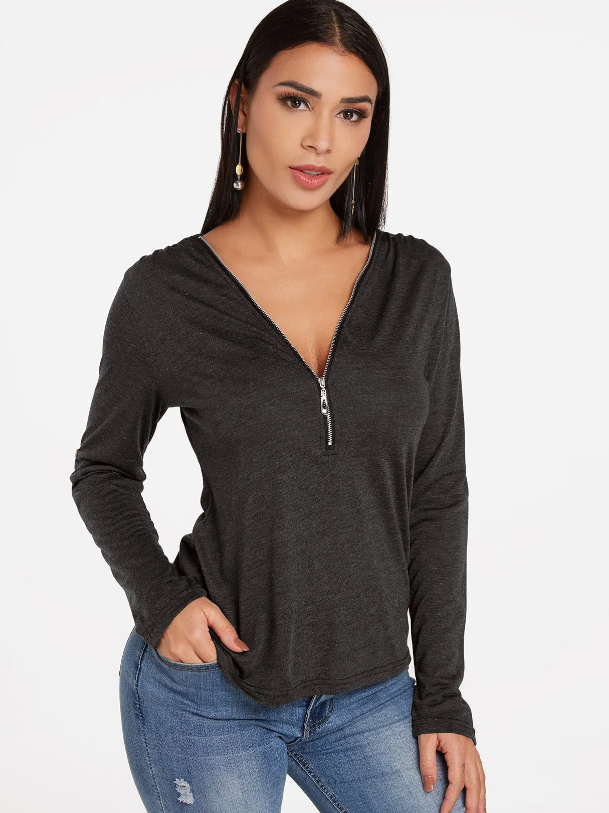 Custom V-Neck Plain Zip Back Long Sleeve T-Shirts