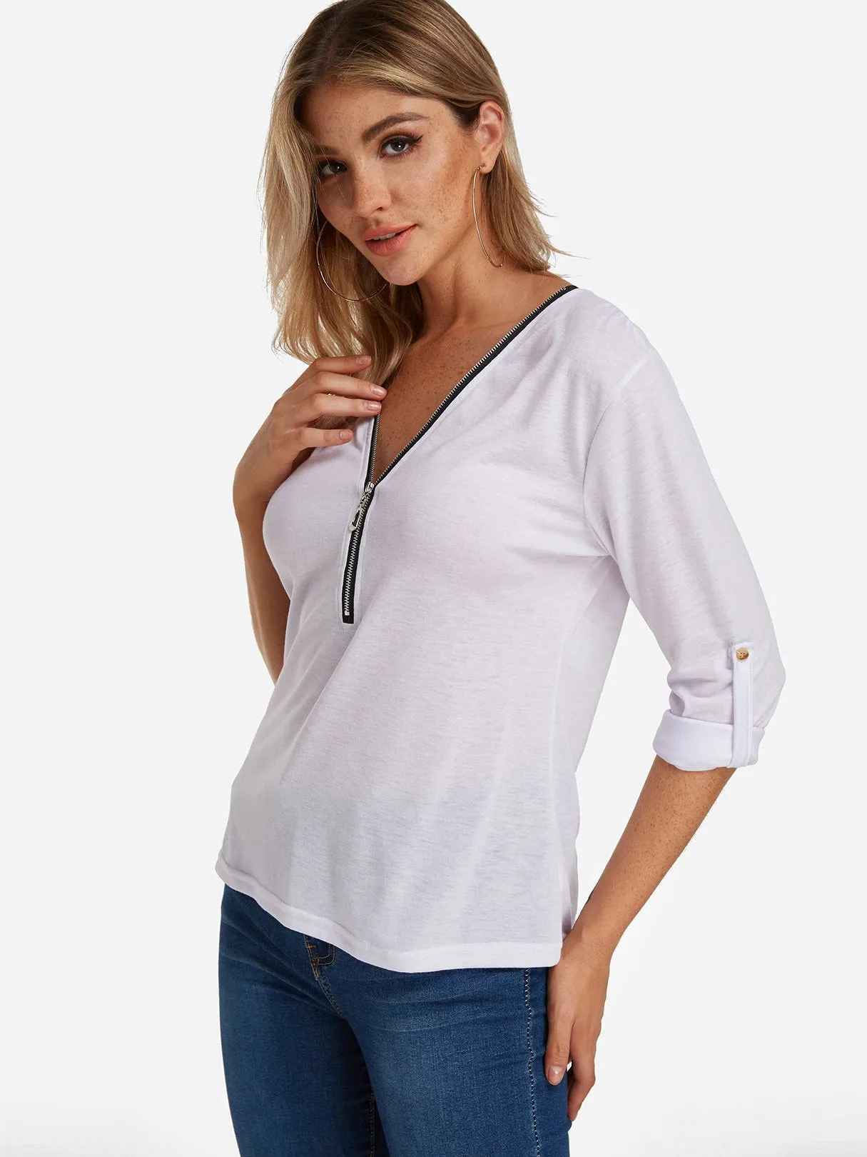 Custom V-Neck Plain Zip Back Long Sleeve T-Shirts