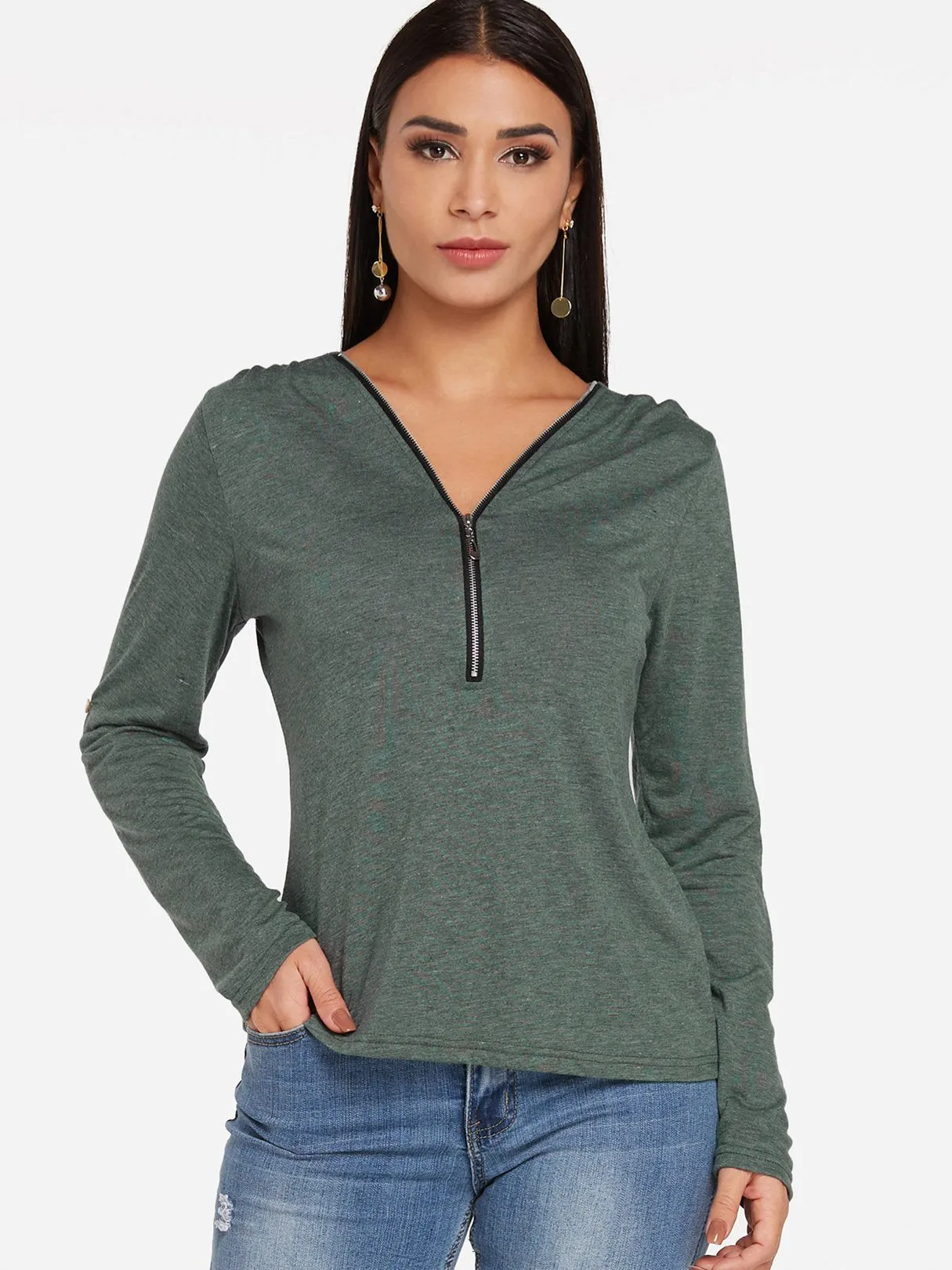 Custom V-Neck Plain Zip Back Long Sleeve T-Shirts