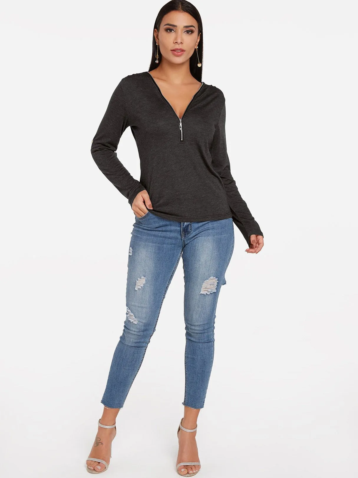 Custom V-Neck Plain Zip Back Long Sleeve T-Shirts