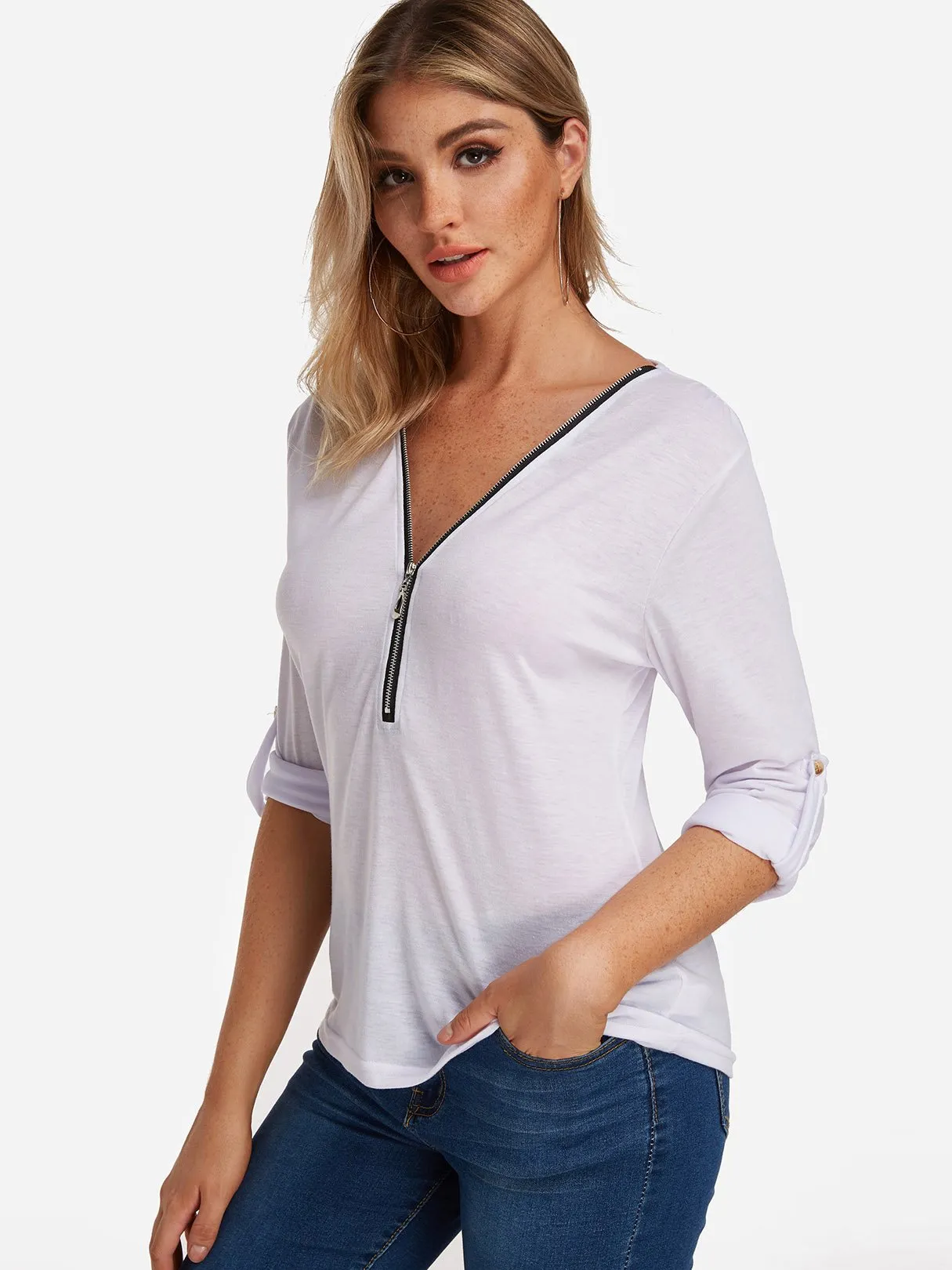 Custom V-Neck Plain Zip Back Long Sleeve T-Shirts