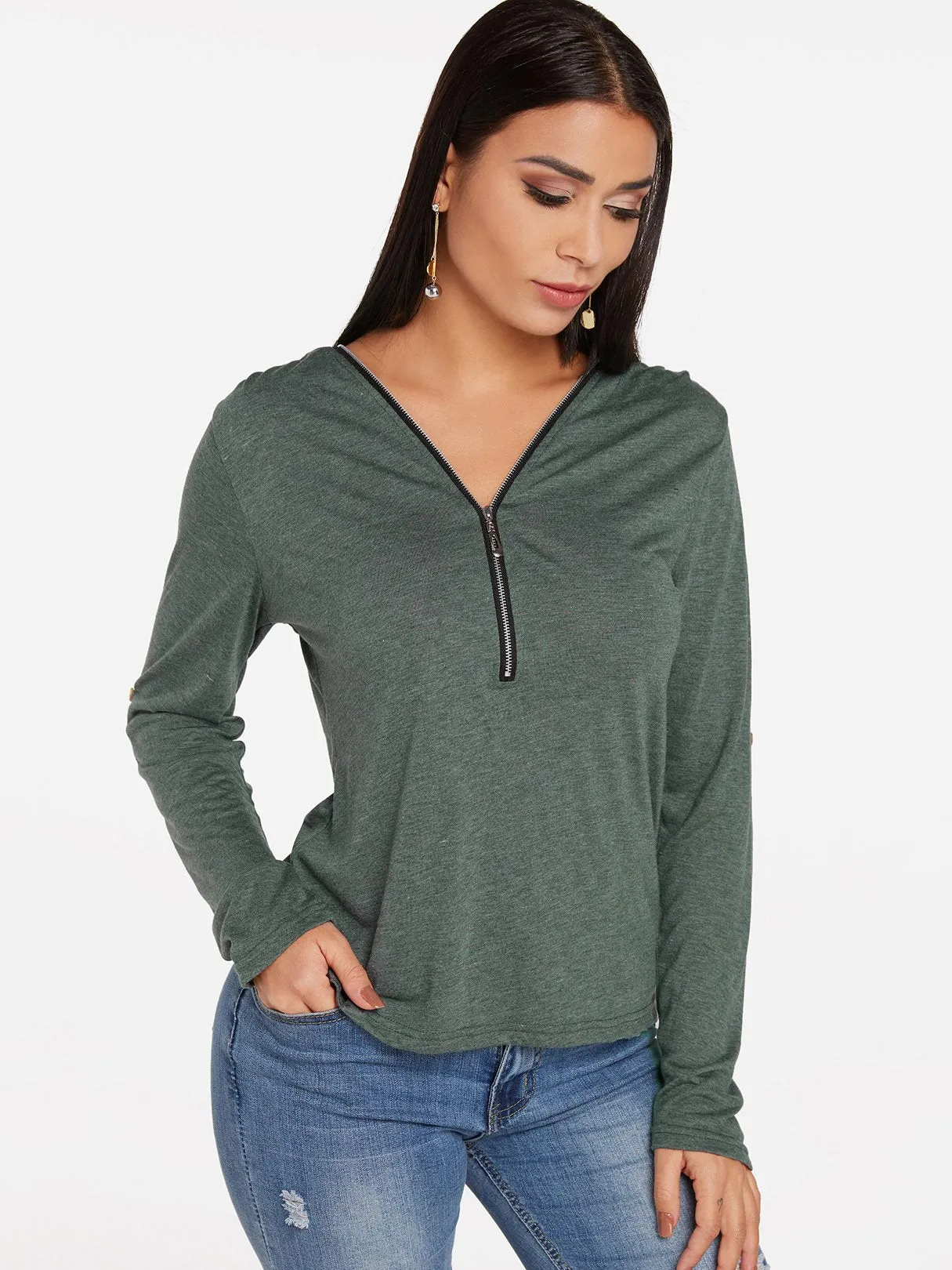 Custom V-Neck Plain Zip Back Long Sleeve T-Shirts