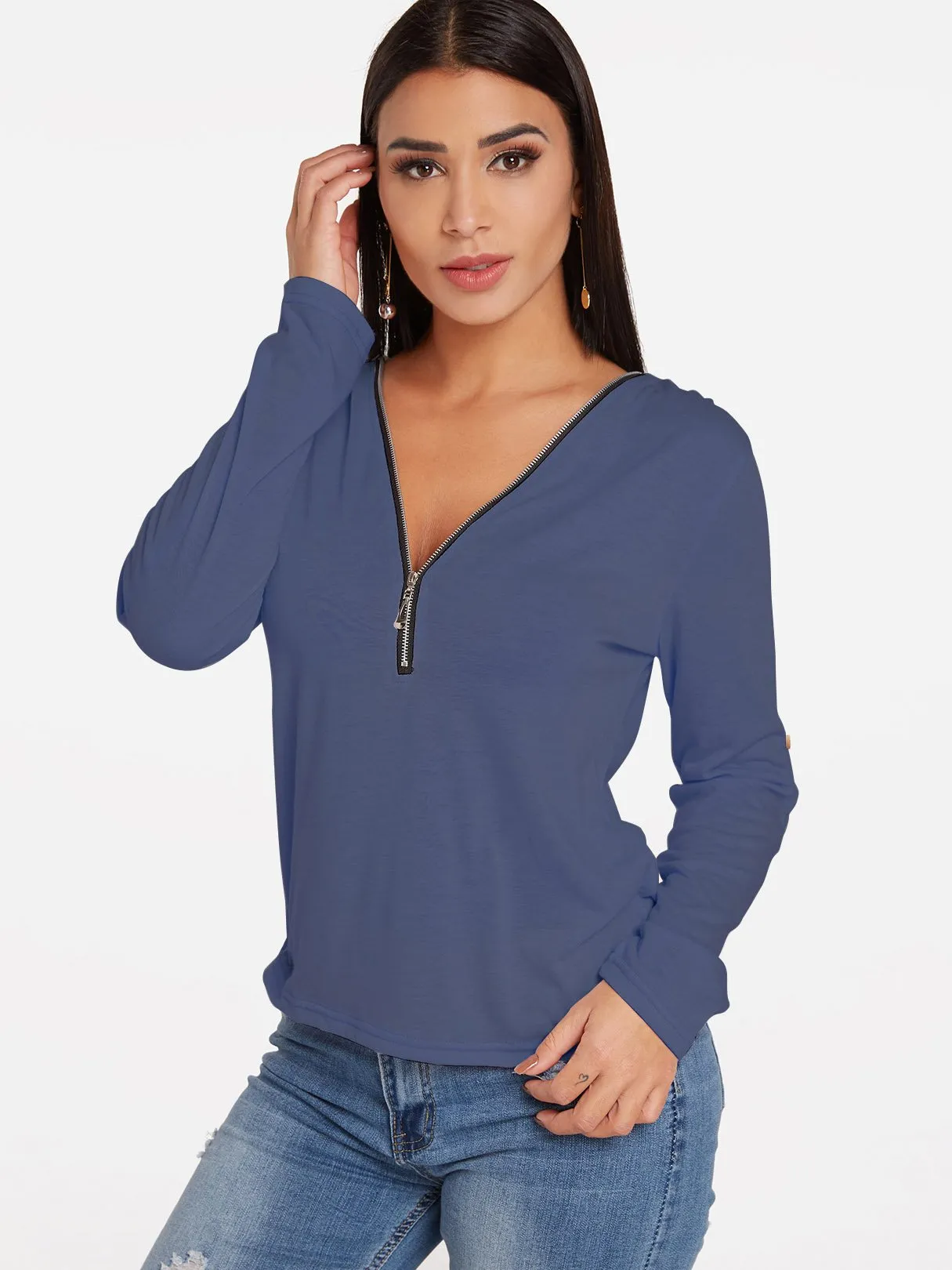 Custom V-Neck Plain Zip Back Long Sleeve T-Shirts