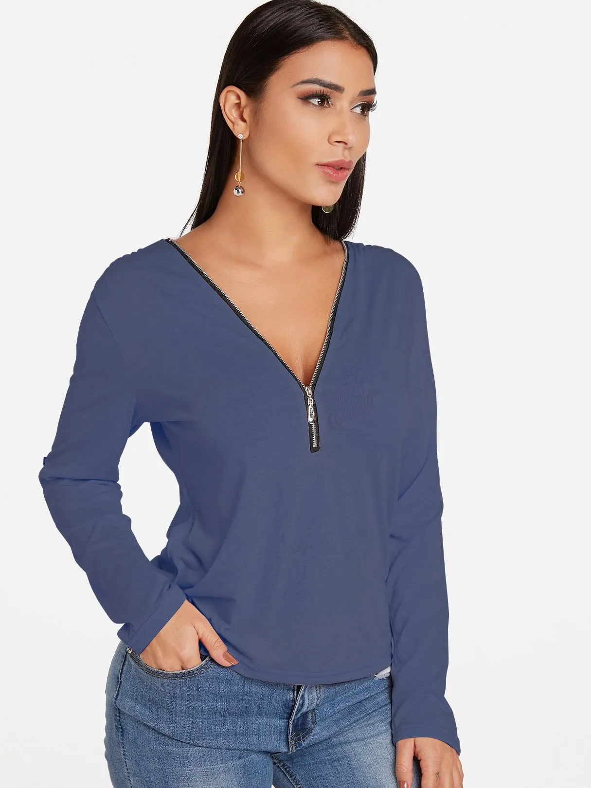 Custom V-Neck Plain Zip Back Long Sleeve T-Shirts