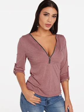 Custom V-Neck Plain Zip Back Long Sleeve T-Shirts