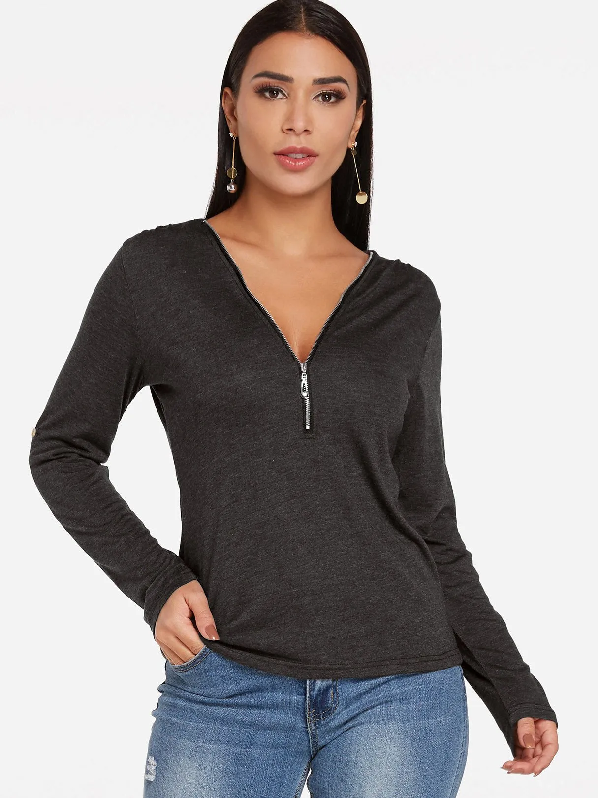 Custom V-Neck Plain Zip Back Long Sleeve T-Shirts