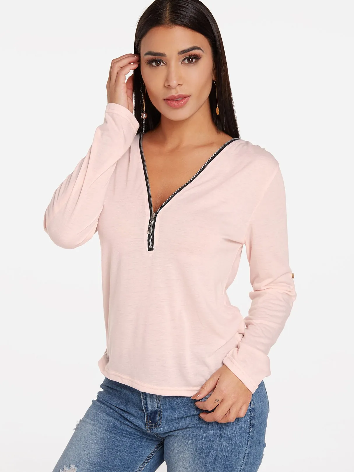 Custom V-Neck Plain Zip Back Long Sleeve T-Shirts