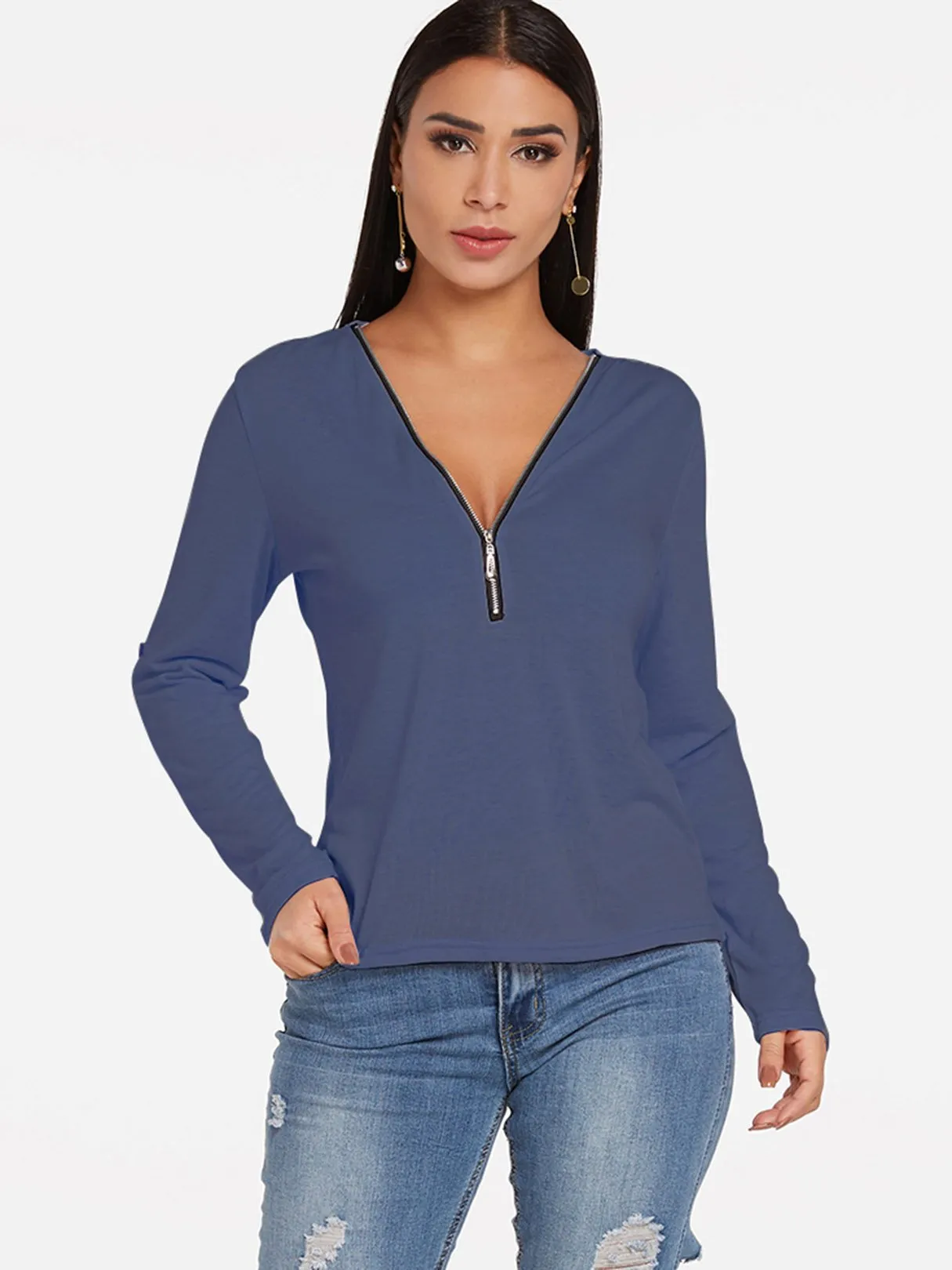 Custom V-Neck Plain Zip Back Long Sleeve T-Shirts