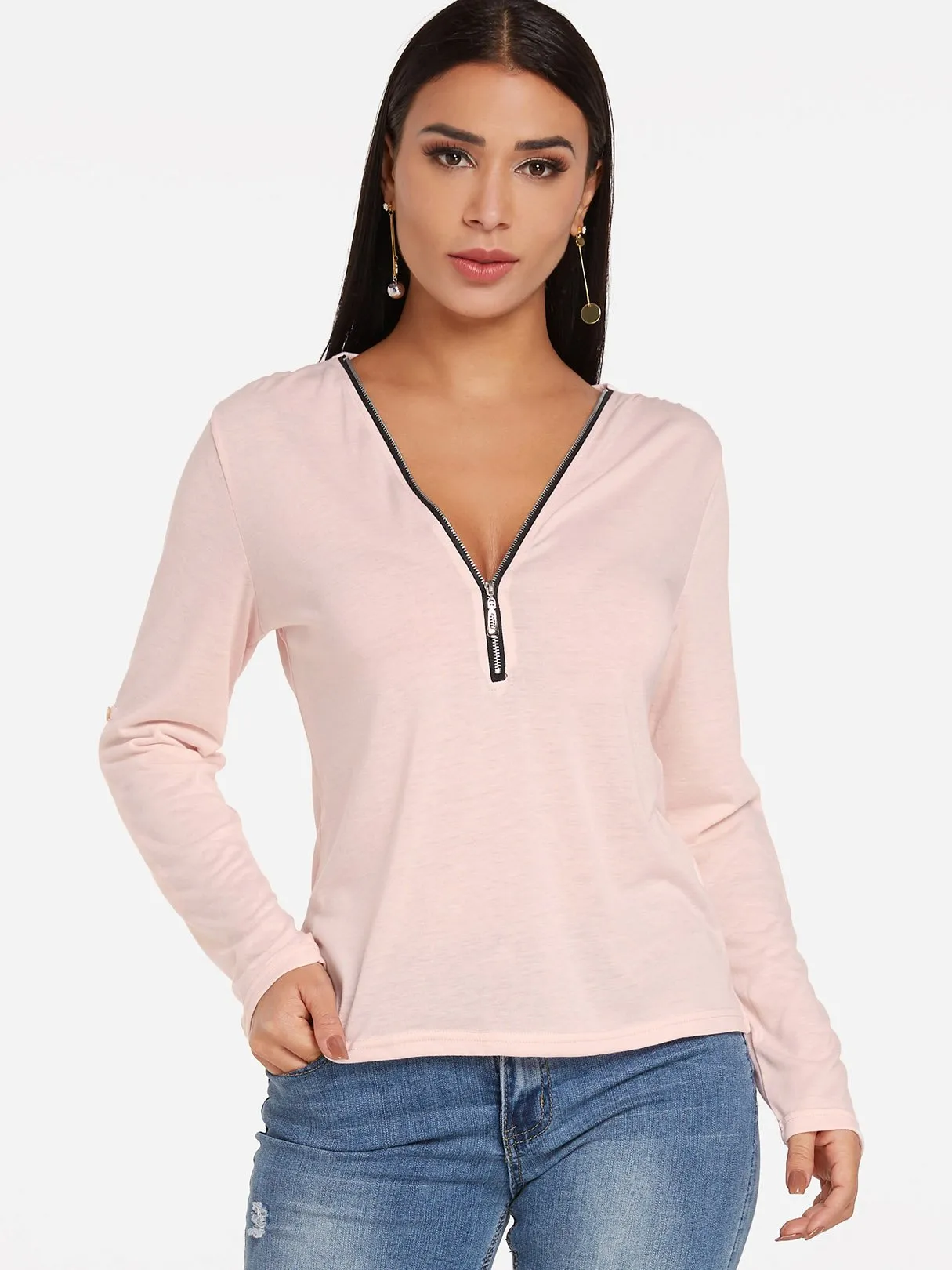 Custom V-Neck Plain Zip Back Long Sleeve T-Shirts