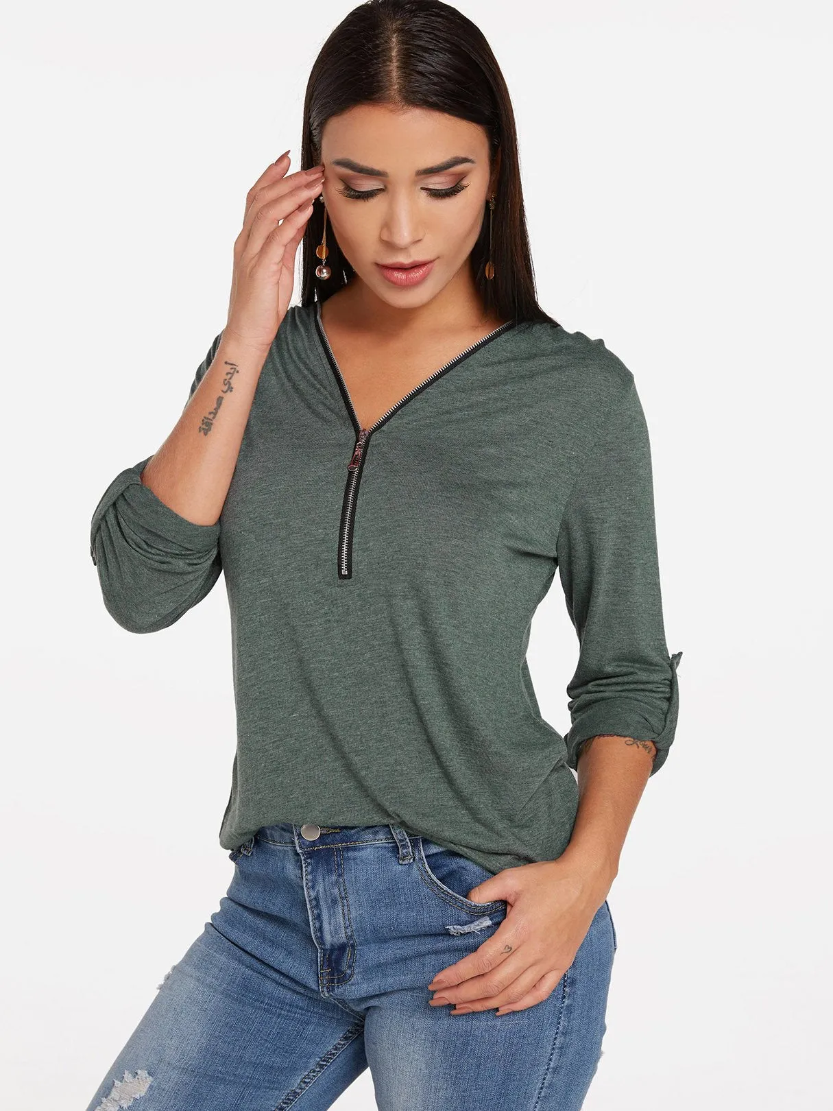 Custom V-Neck Plain Zip Back Long Sleeve T-Shirts