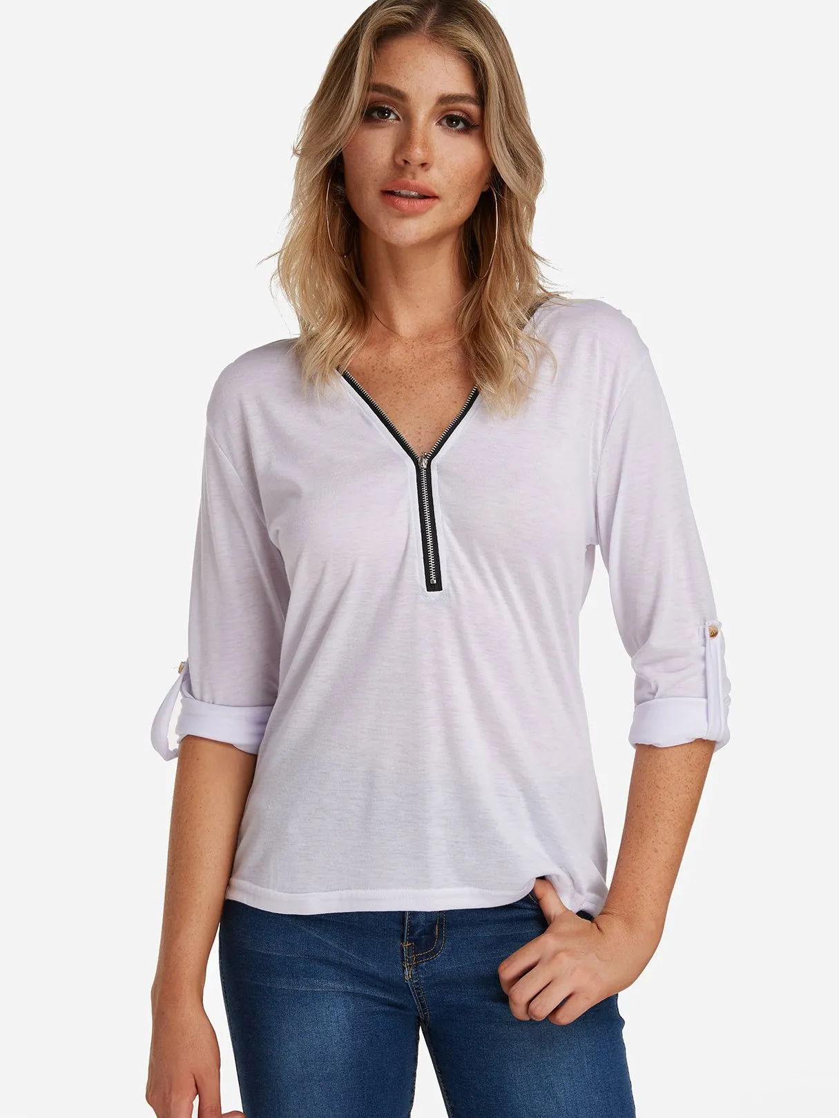 Custom V-Neck Plain Zip Back Long Sleeve T-Shirts