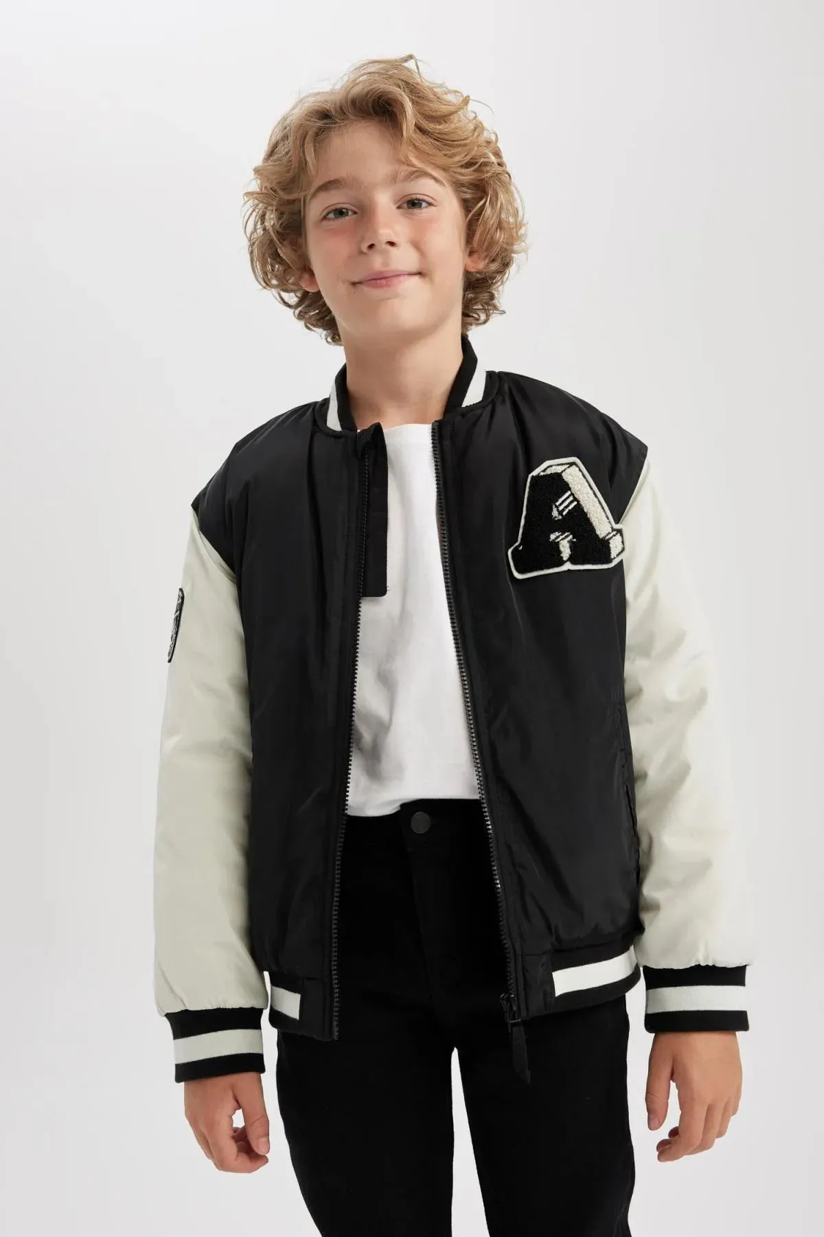 Defacto Boy's Black Water Repellent College Collar Bomber Coat