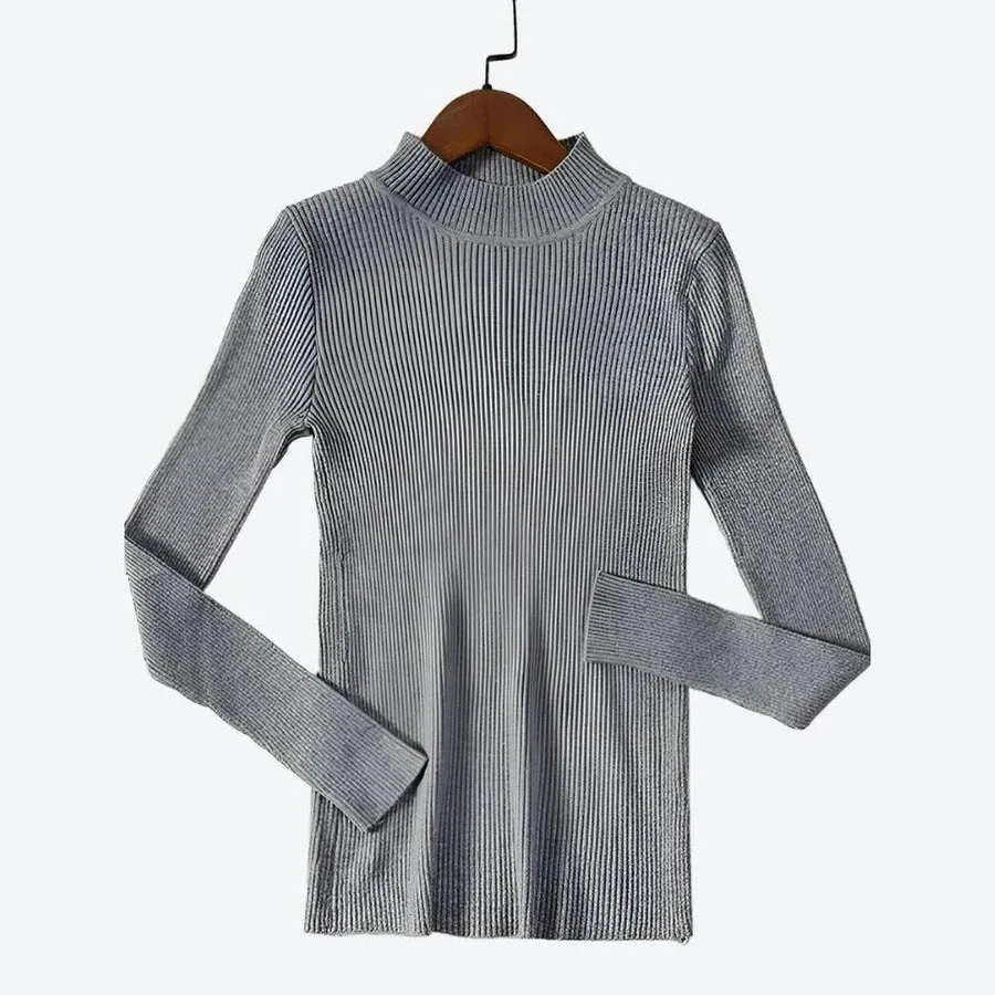 Elegant Ribbed Turtleneck Long-Sleeve Tops