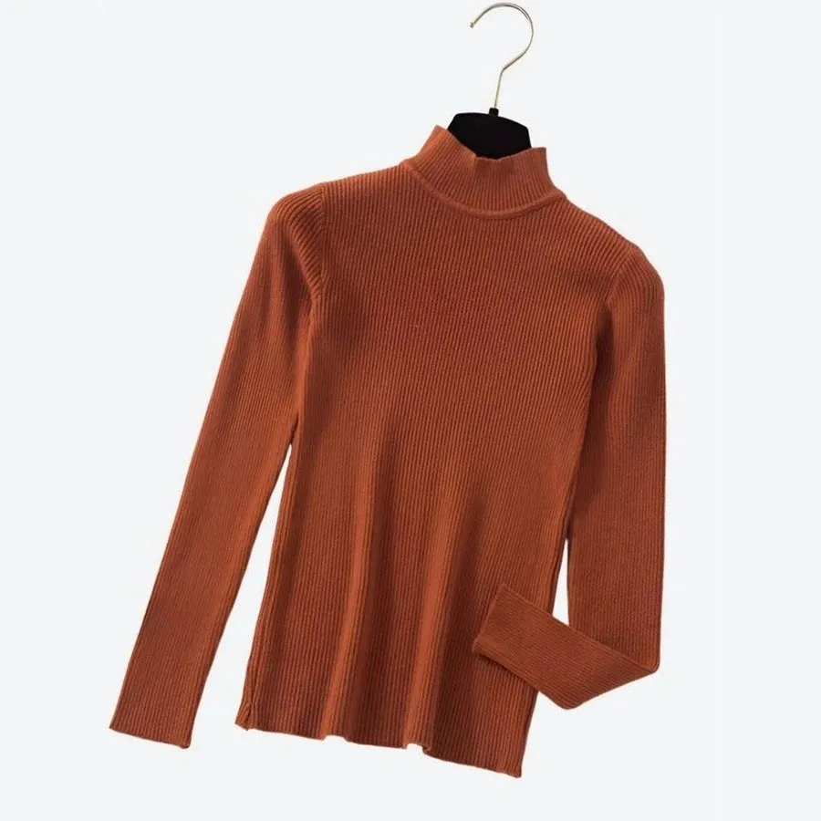 Elegant Ribbed Turtleneck Long-Sleeve Tops