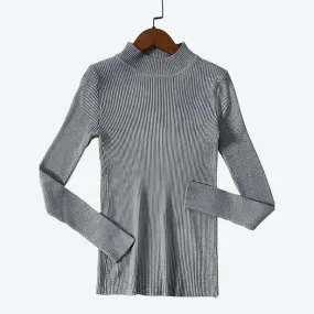 Elegant Ribbed Turtleneck Long-Sleeve Tops