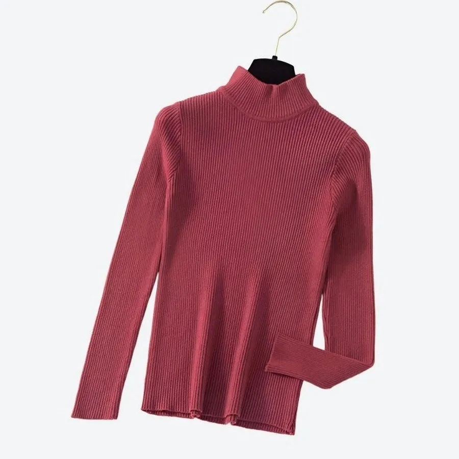 Elegant Ribbed Turtleneck Long-Sleeve Tops