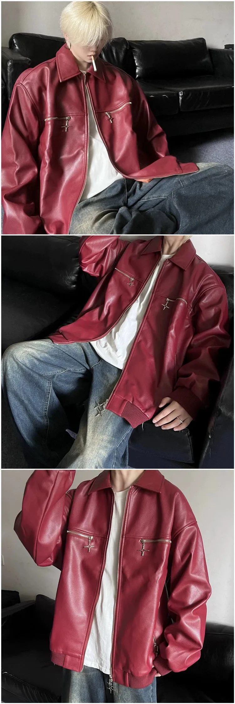 Fall Wine Red Niche Style Metal Zipper Handsome Leather Coat