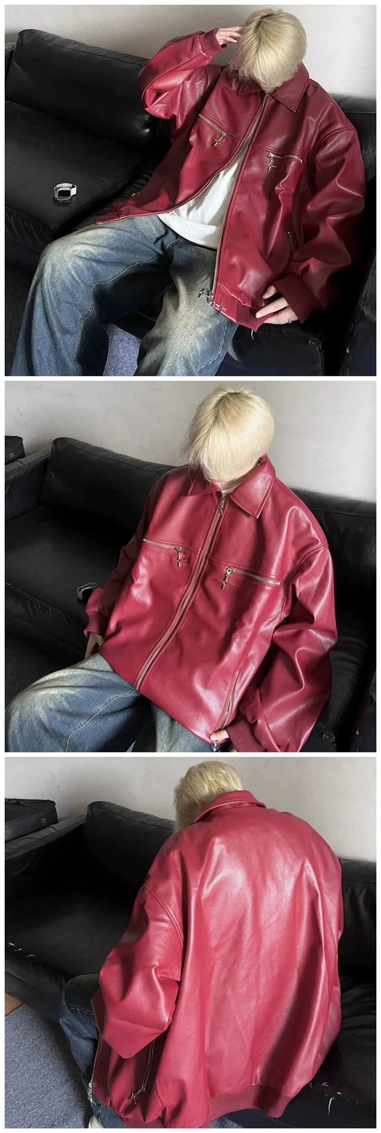 Fall Wine Red Niche Style Metal Zipper Handsome Leather Coat