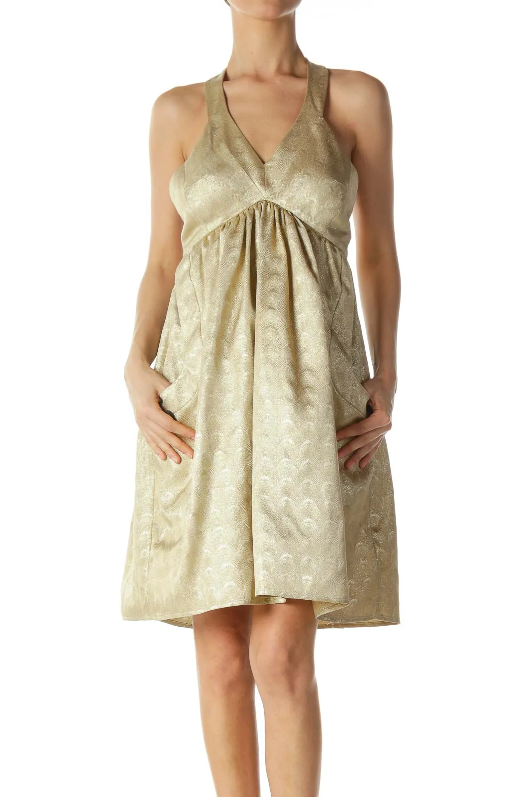 Gold Halter Pocketed Cocktail Dress