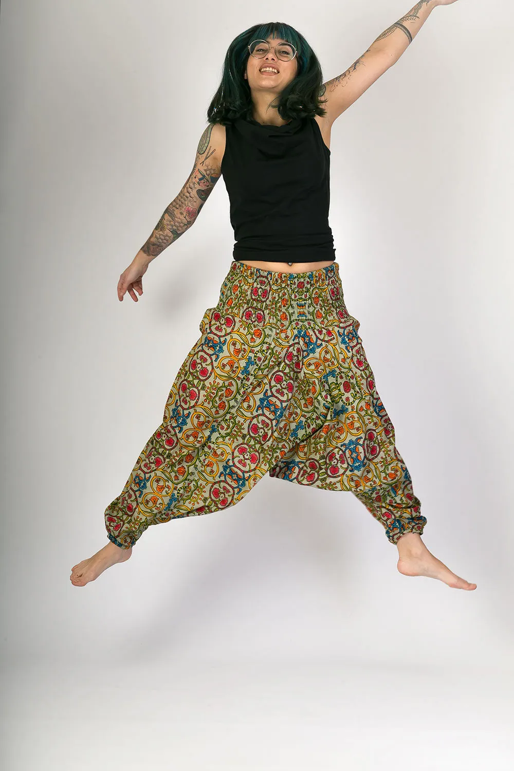 Green Floral Print Cotton Harem Yoga Jumpsuit Pants