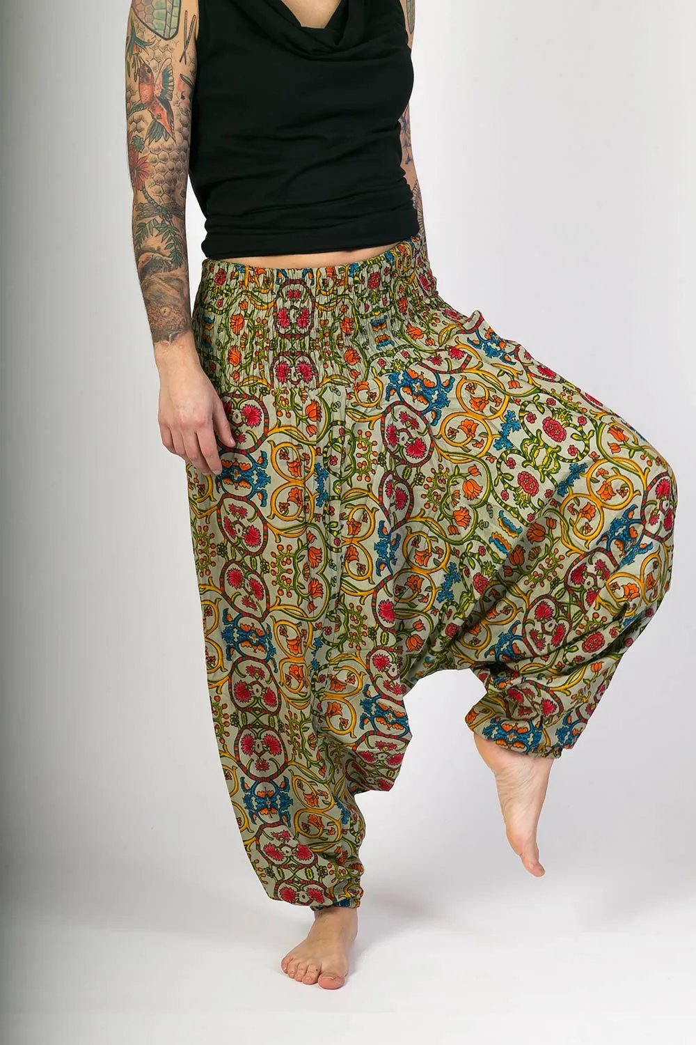 Green Floral Print Cotton Harem Yoga Jumpsuit Pants