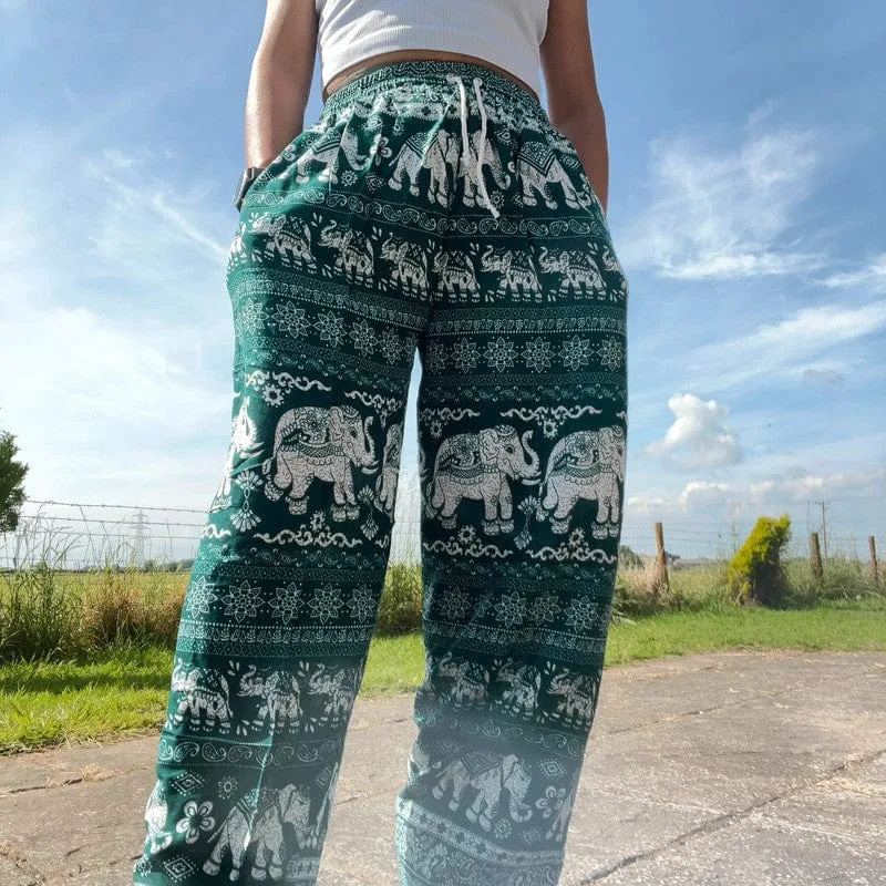 Green Thai Elephant Harem Pants Summer Holiday Beach Hippie Festival Trousers