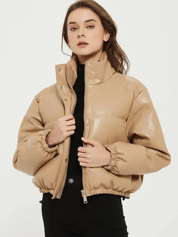 High Neck Faux Leather Puffer Jacket