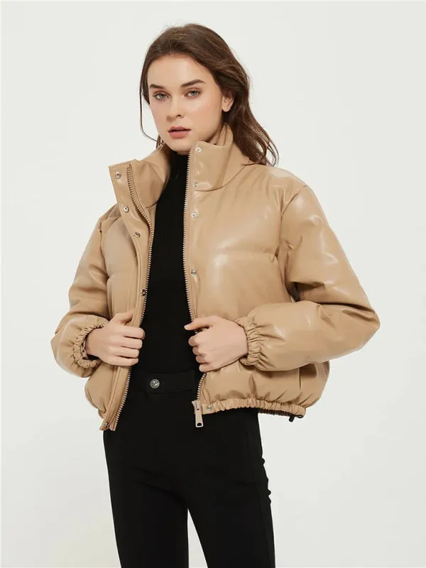 High Neck Faux Leather Puffer Jacket