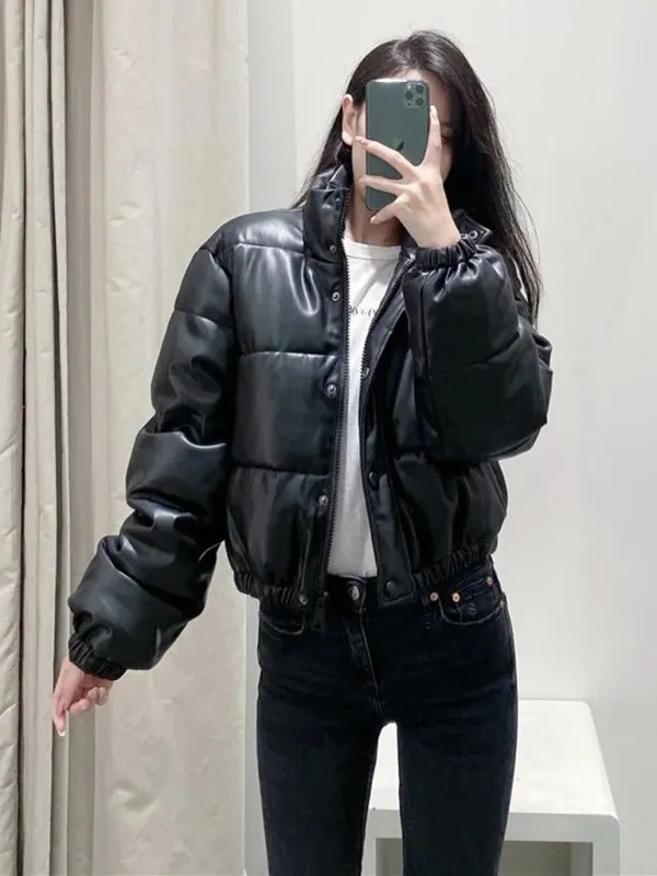 High Neck Faux Leather Puffer Jacket