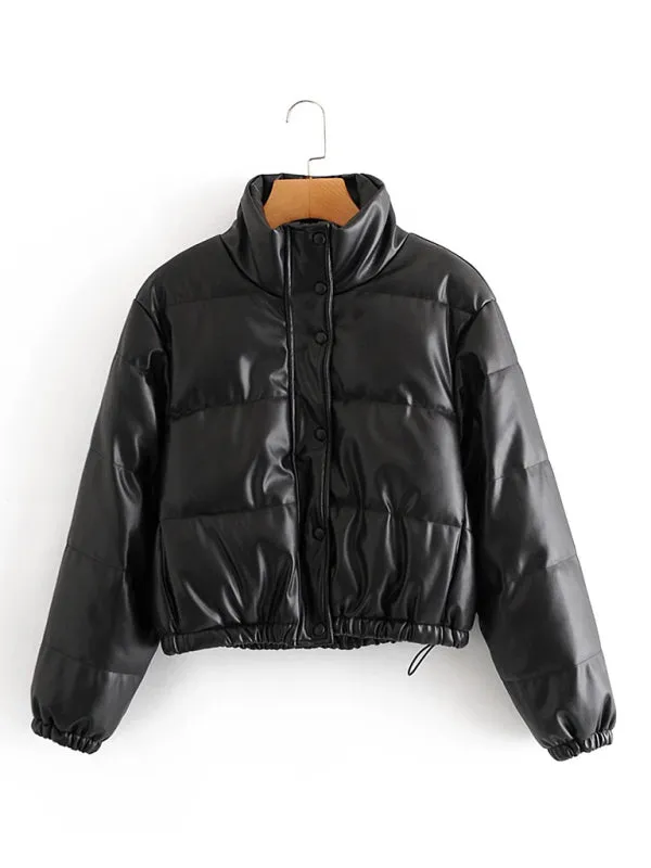 High Neck Faux Leather Puffer Jacket