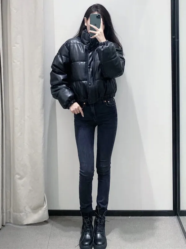 High Neck Faux Leather Puffer Jacket