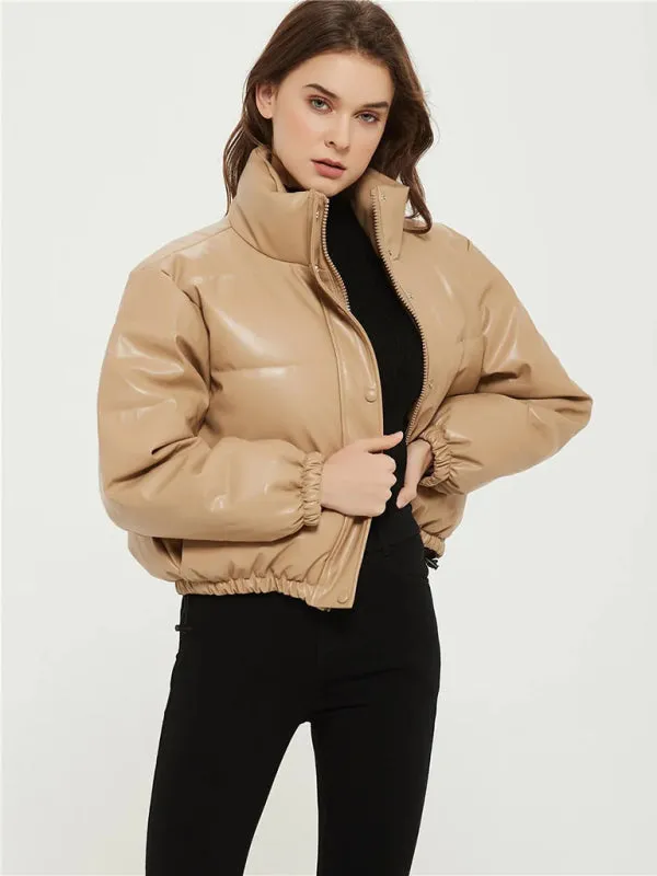 High Neck Faux Leather Puffer Jacket