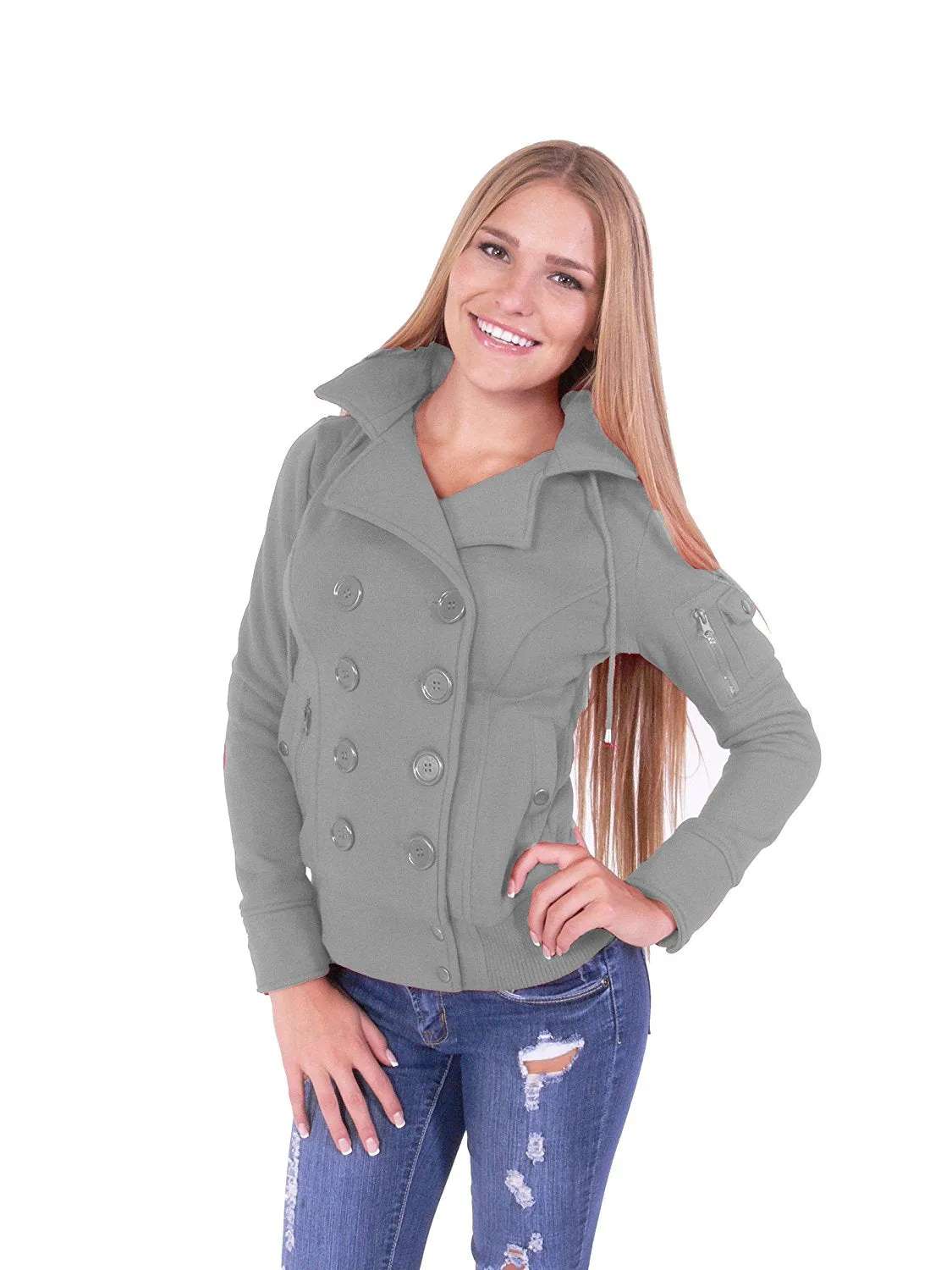 Hollywood Star Fashion Women's Double Breast Four Buttons Hooded Bomber Coat