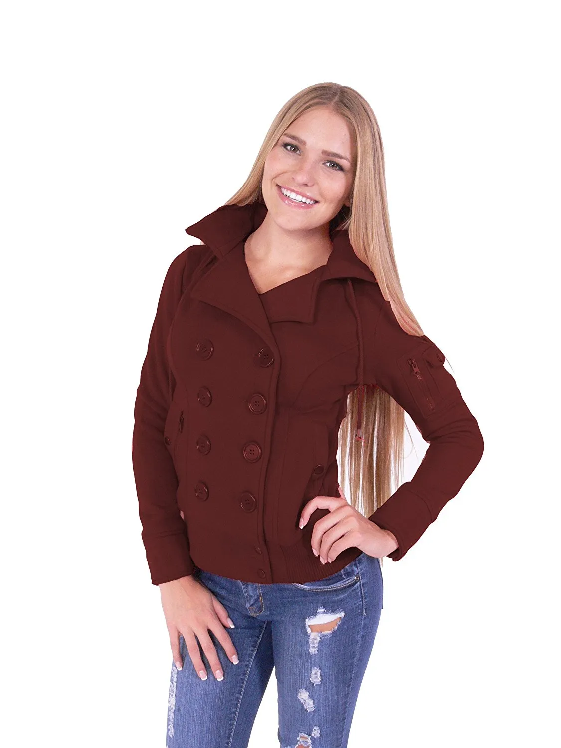 Hollywood Star Fashion Women's Double Breast Four Buttons Hooded Bomber Coat