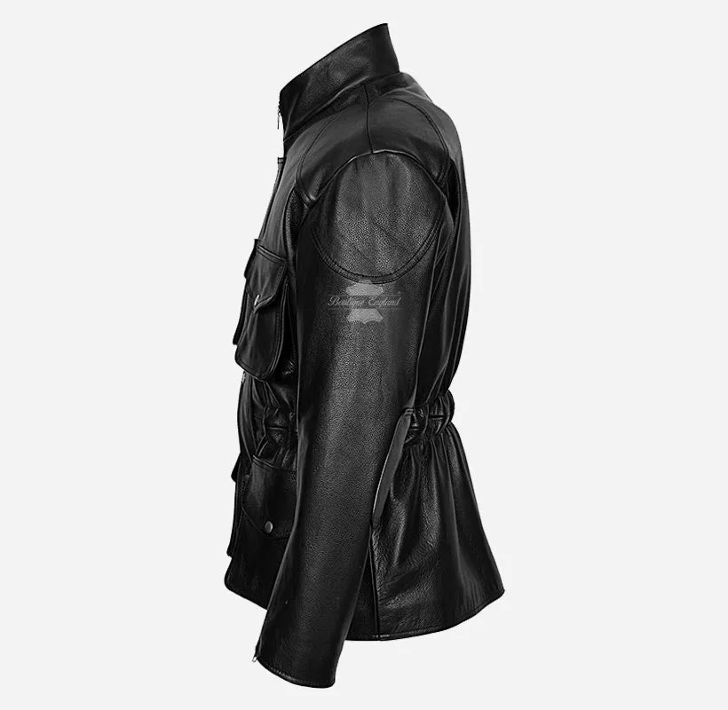 HUNTER Black Leather Coat Safari Biker Motorbike Jacket